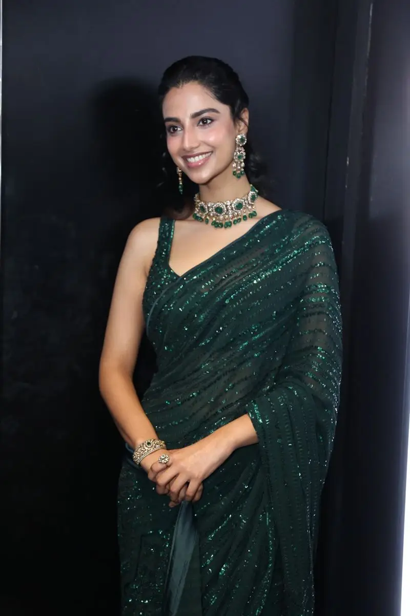 Meenakshi Chaudhary Wearing Beautiful Earrings Jewellery Green Saree